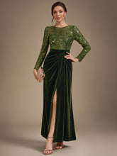 Load image into Gallery viewer, Olive Green | Factory Design Plus Size Velvet Long Sleeve Round Neck Sheath Sequin Evening Dresses-Olive Green