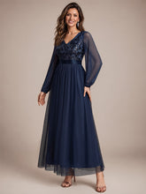 Load image into Gallery viewer, Navy Blue | Factory Design Plus Size Maxi Long Sleeve Sequin Tulle V-Neck A-Line Evening Dresses-Navy Blue