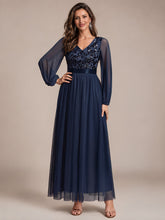 Load image into Gallery viewer, Navy Blue | Factory Design Plus Size Maxi Long Sleeve Sequin Tulle V-Neck A-Line Evening Dresses-Navy Blue