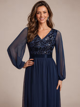 Load image into Gallery viewer, Navy Blue | Factory Design Plus Size Maxi Long Sleeve Sequin Tulle V-Neck A-Line Evening Dresses-Navy Blue
