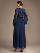 Load image into Gallery viewer, Navy Blue | Factory Design Plus Size Maxi Long Sleeve Sequin Tulle V-Neck A-Line Evening Dresses-Navy Blue