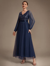 Load image into Gallery viewer, Navy Blue | Factory Design Plus Size Maxi Long Sleeve Sequin Tulle V-Neck A-Line Evening Dresses-Navy Blue