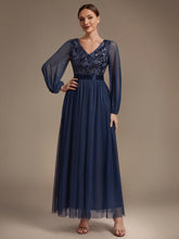 Load image into Gallery viewer, Navy Blue | Factory Design Plus Size Maxi Long Sleeve Sequin Tulle V-Neck A-Line Evening Dresses-Navy Blue