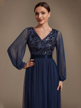 Load image into Gallery viewer, Navy Blue | Factory Design Plus Size Maxi Long Sleeve Sequin Tulle V-Neck A-Line Evening Dresses-Navy Blue