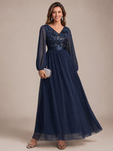 Load image into Gallery viewer, Navy Blue | Factory Design Plus Size Maxi Long Sleeve Sequin Tulle V-Neck A-Line Evening Dresses-Navy Blue