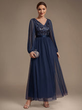 Load image into Gallery viewer, Navy Blue | Factory Design Plus Size Maxi Long Sleeve Sequin Tulle V-Neck A-Line Evening Dresses-Navy Blue