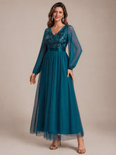 Load image into Gallery viewer, Teal | Factory Design Plus Size Maxi Long Sleeve Sequin Tulle V-Neck A-Line Evening Dresses-Teal