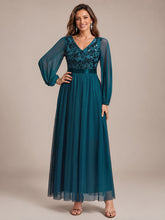 Load image into Gallery viewer, Teal | Factory Design Plus Size Maxi Long Sleeve Sequin Tulle V-Neck A-Line Evening Dresses-Teal
