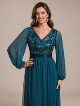 Load image into Gallery viewer, Teal | Factory Design Plus Size Maxi Long Sleeve Sequin Tulle V-Neck A-Line Evening Dresses-Teal
