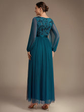 Load image into Gallery viewer, Teal | Factory Design Plus Size Maxi Long Sleeve Sequin Tulle V-Neck A-Line Evening Dresses-Teal