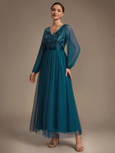 Load image into Gallery viewer, Teal | Factory Design Plus Size Maxi Long Sleeve Sequin Tulle V-Neck A-Line Evening Dresses-Teal