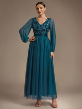 Load image into Gallery viewer, Teal | Factory Design Plus Size Maxi Long Sleeve Sequin Tulle V-Neck A-Line Evening Dresses-Teal