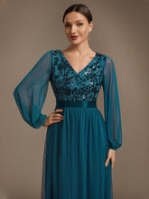 Load image into Gallery viewer, Teal | Factory Design Plus Size Maxi Long Sleeve Sequin Tulle V-Neck A-Line Evening Dresses-Teal