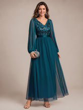 Load image into Gallery viewer, Teal | Factory Design Plus Size Maxi Long Sleeve Sequin Tulle V-Neck A-Line Evening Dresses-Teal