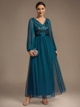 Load image into Gallery viewer, Teal | Factory Design Plus Size Maxi Long Sleeve Sequin Tulle V-Neck A-Line Evening Dresses-Teal