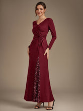Load image into Gallery viewer, Burgundy | Bulk Order Plus Size Long Sleeve Jersey V-Neck Bodycon Sequined Evening Dresses-Burgundy