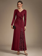 Load image into Gallery viewer, Burgundy | Bulk Order Plus Size Long Sleeve Jersey V-Neck Bodycon Sequined Evening Dresses-Burgundy