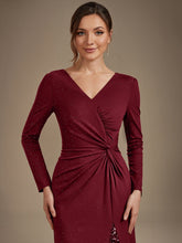 Load image into Gallery viewer, Burgundy | Bulk Order Plus Size Long Sleeve Jersey V-Neck Bodycon Sequined Evening Dresses-Burgundy