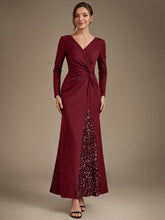 Load image into Gallery viewer, Burgundy | Bulk Order Plus Size Long Sleeve Jersey V-Neck Bodycon Sequined Evening Dresses-Burgundy