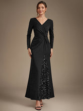 Load image into Gallery viewer, Black | Bulk Order Plus Size Long Sleeve Jersey V-Neck Bodycon Sequined Evening Dresses-Black