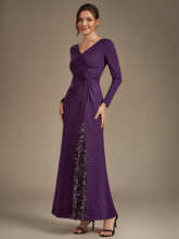 Load image into Gallery viewer, Dark Purple | Bulk Order Plus Size Long Sleeve Jersey V-Neck Bodycon Sequined Evening Dresses-Dark Purple