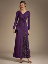 Load image into Gallery viewer, Dark Purple | Bulk Order Plus Size Long Sleeve Jersey V-Neck Bodycon Sequined Evening Dresses-Dark Purple
