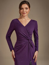 Load image into Gallery viewer, Dark Purple | Bulk Order Plus Size Long Sleeve Jersey V-Neck Bodycon Sequined Evening Dresses-Dark Purple