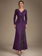 Load image into Gallery viewer, Dark Purple | Bulk Order Plus Size Long Sleeve Jersey V-Neck Bodycon Sequined Evening Dresses-Dark Purple