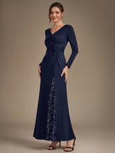 Load image into Gallery viewer, Navy Blue | Bulk Order Plus Size Long Sleeve Jersey V-Neck Bodycon Sequined Evening Dresses-Navy Blue