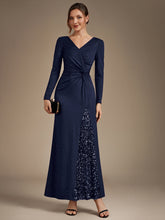 Load image into Gallery viewer, Navy Blue | Bulk Order Plus Size Long Sleeve Jersey V-Neck Bodycon Sequined Evening Dresses-Navy Blue
