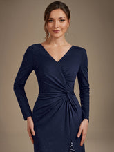 Load image into Gallery viewer, Navy Blue | Bulk Order Plus Size Long Sleeve Jersey V-Neck Bodycon Sequined Evening Dresses-Navy Blue