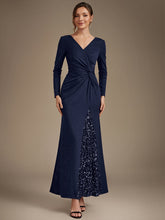 Load image into Gallery viewer, Navy Blue | Bulk Order Plus Size Long Sleeve Jersey V-Neck Bodycon Sequined Evening Dresses-Navy Blue
