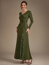 Load image into Gallery viewer, Olive Green | Bulk Order Plus Size Long Sleeve Jersey V-Neck Bodycon Sequined Evening Dresses-Olive Green