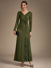 Load image into Gallery viewer, Olive Green | Bulk Order Plus Size Long Sleeve Jersey V-Neck Bodycon Sequined Evening Dresses-Olive Green