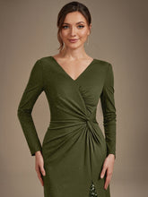 Load image into Gallery viewer, Olive Green | Bulk Order Plus Size Long Sleeve Jersey V-Neck Bodycon Sequined Evening Dresses-Olive Green