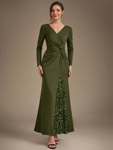 Load image into Gallery viewer, Olive Green | Bulk Order Plus Size Long Sleeve Jersey V-Neck Bodycon Sequined Evening Dresses-Olive Green