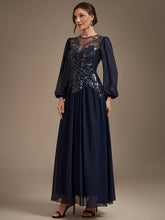 Load image into Gallery viewer, Navy Blue | Bulk Order Plus Size Long Sleeve Sequin Chiffon Round Neck A-Line Evening Dresses-Navy Blue