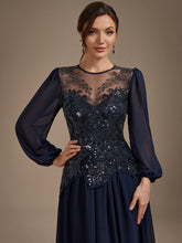 Load image into Gallery viewer, Navy Blue | Bulk Order Plus Size Long Sleeve Sequin Chiffon Round Neck A-Line Evening Dresses-Navy Blue