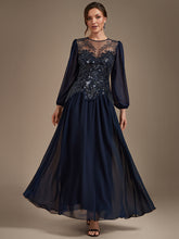 Load image into Gallery viewer, Navy Blue | Bulk Order Plus Size Long Sleeve Sequin Chiffon Round Neck A-Line Evening Dresses-Navy Blue