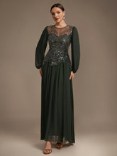Load image into Gallery viewer, Olive Green | Bulk Order Plus Size Long Sleeve Sequin Chiffon Round Neck A-Line Evening Dresses-Olive Green