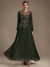Load image into Gallery viewer, Olive Green | Bulk Order Plus Size Long Sleeve Sequin Chiffon Round Neck A-Line Evening Dresses-Olive Green