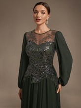 Load image into Gallery viewer, Olive Green | Bulk Order Plus Size Long Sleeve Sequin Chiffon Round Neck A-Line Evening Dresses-Olive Green