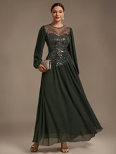 Load image into Gallery viewer, Olive Green | Bulk Order Plus Size Long Sleeve Sequin Chiffon Round Neck A-Line Evening Dresses-Olive Green
