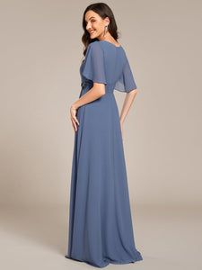 Color=Dusty Blue | Short Sleeves Pleated Applique A-Line Floor-Length Formal Evening Dress-Dusty Blue 2