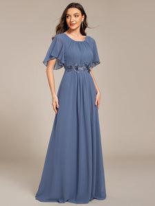 Color=Dusty Blue | Short Sleeves Pleated Applique A-Line Floor-Length Formal Evening Dress-Dusty Blue 4