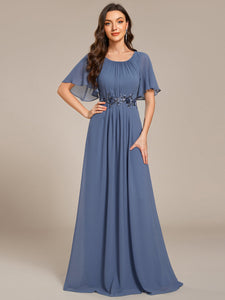 Color=Dusty Blue | Short Sleeves Pleated Applique A-Line Floor-Length Formal Evening Dress-Dusty Blue 5