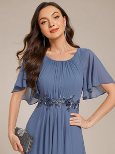 Color=Dusty Blue | Short Sleeves Pleated Applique A-Line Floor-Length Formal Evening Dress-Dusty Blue 3