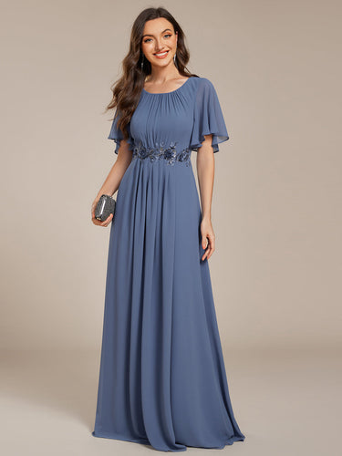 Color=Dusty Blue | Short Sleeves Pleated Applique A-Line Floor-Length Formal Evening Dress-Dusty Blue 1