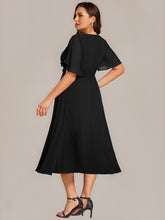 Load image into Gallery viewer, Color=Black | Commercial Wholesale Short Sleeve Ruffle A-Line Midi Dress with Floral Appliques Evening Dresses-Black 7