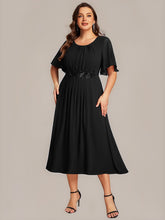 Load image into Gallery viewer, Color=Black | Commercial Wholesale Short Sleeve Ruffle A-Line Midi Dress with Floral Appliques Evening Dresses-Black 9